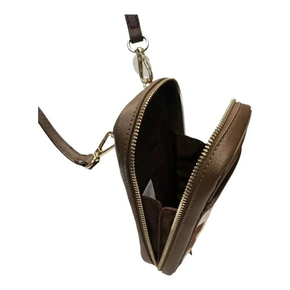 Vegan Leather Faux Cowhide Brown Cow Print Small Crossbody Compact Bag - Picture 6 of 6